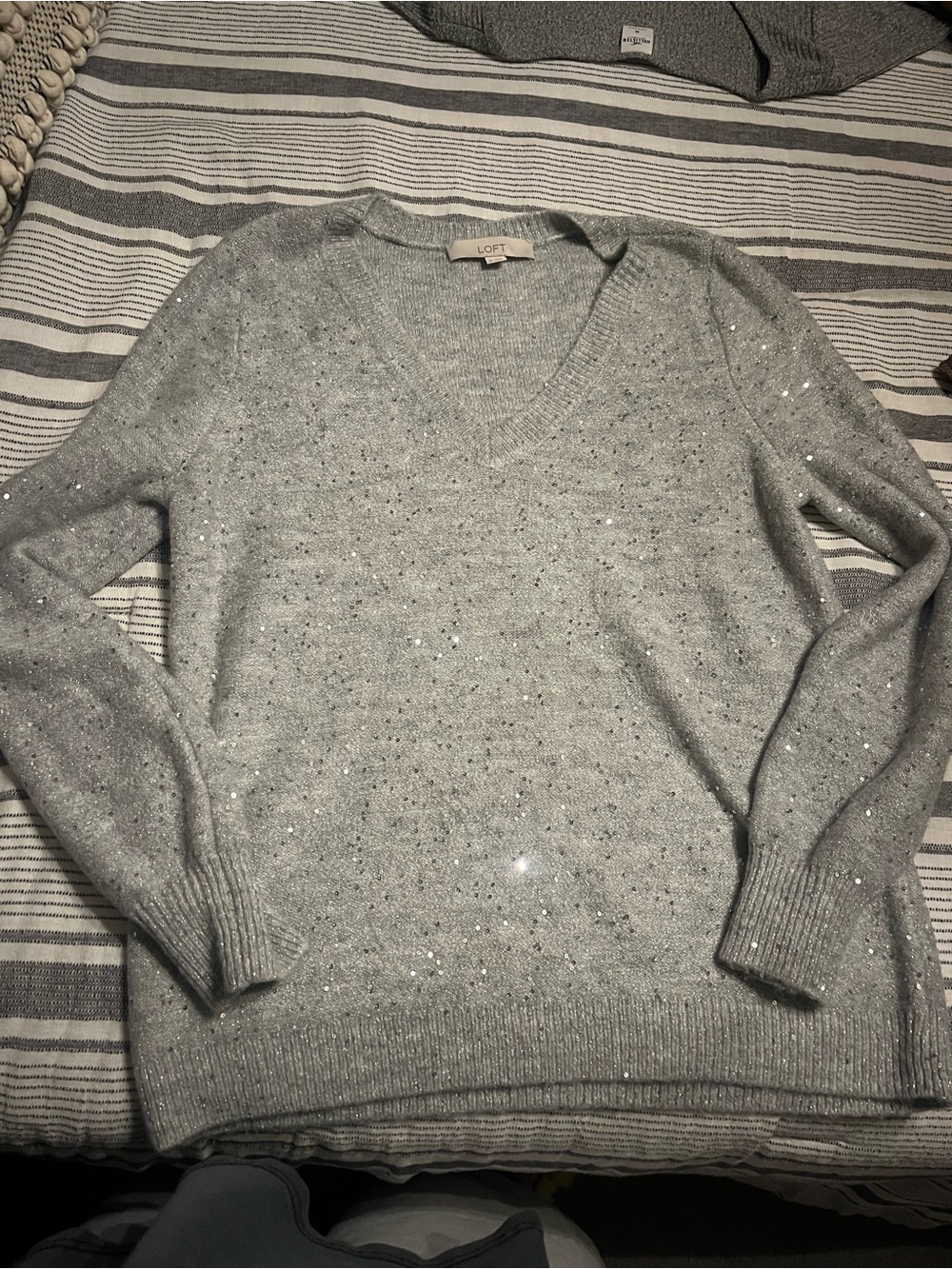 LOFT Silver Gray Sequin V-Neck Sweater